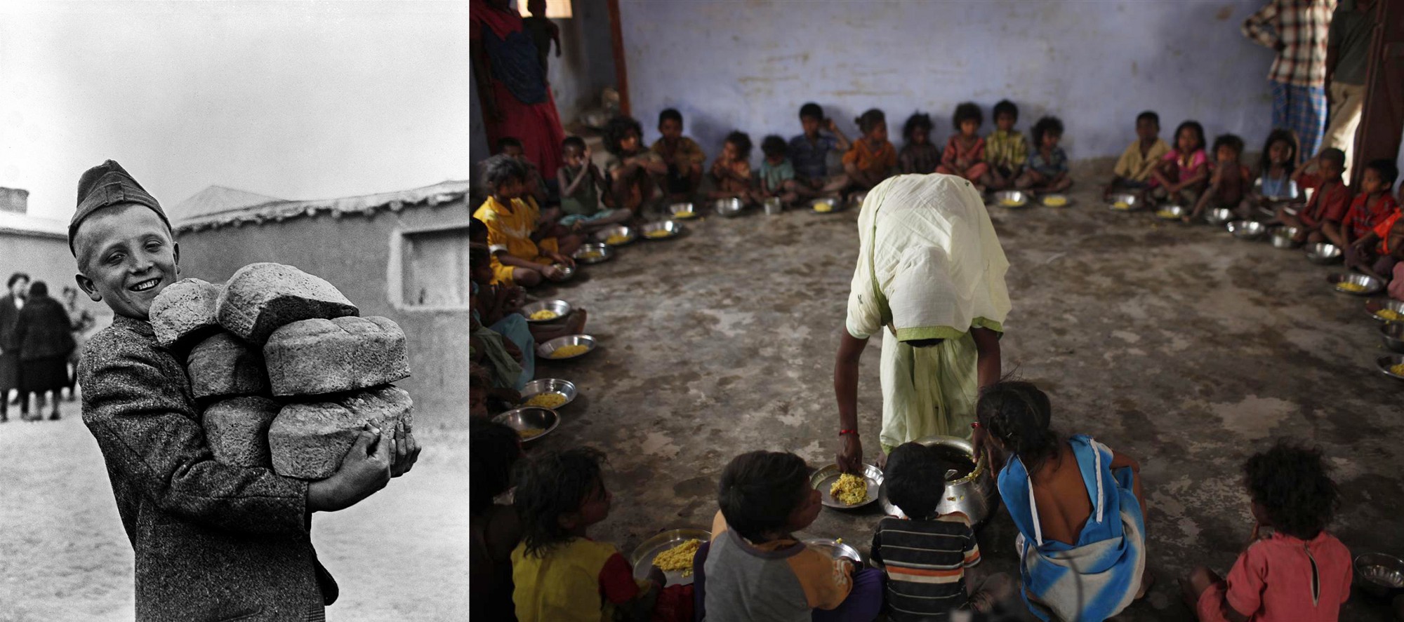 Ein Junge mit Brot und Linsengerichte in Indien | © UNICEF/Vachon, UNICEF/Sokol 70 Jahre UNICEF: Ein glücklicher Junge mit Brot und Reis für die Kinder