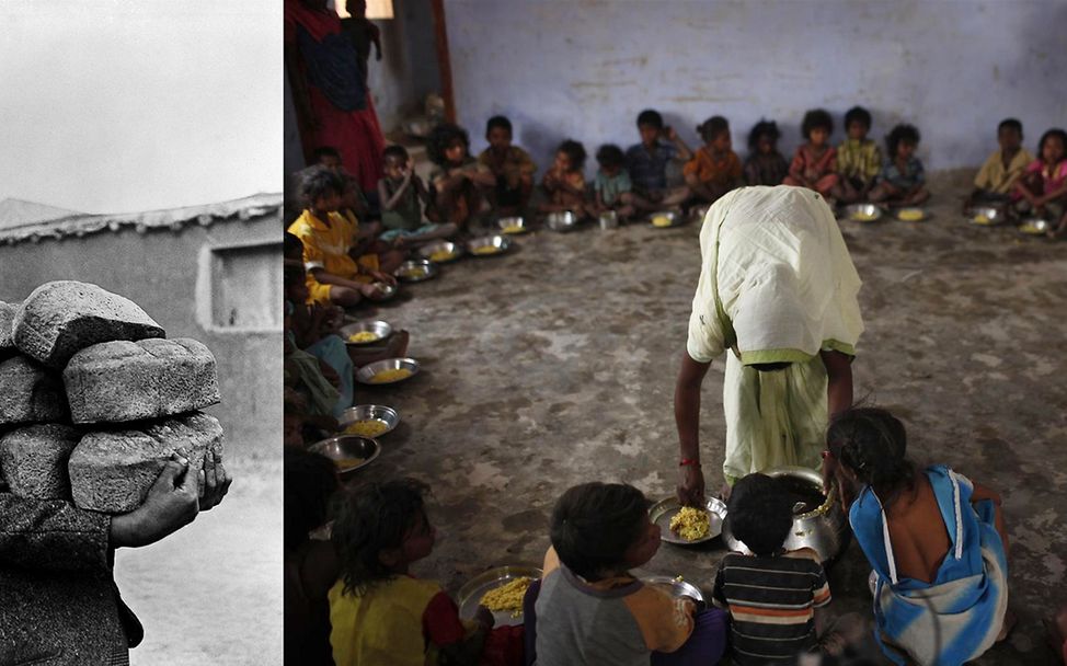 70 Jahre UNICEF: Ein glücklicher Junge mit Brot und Reis für die Kinder