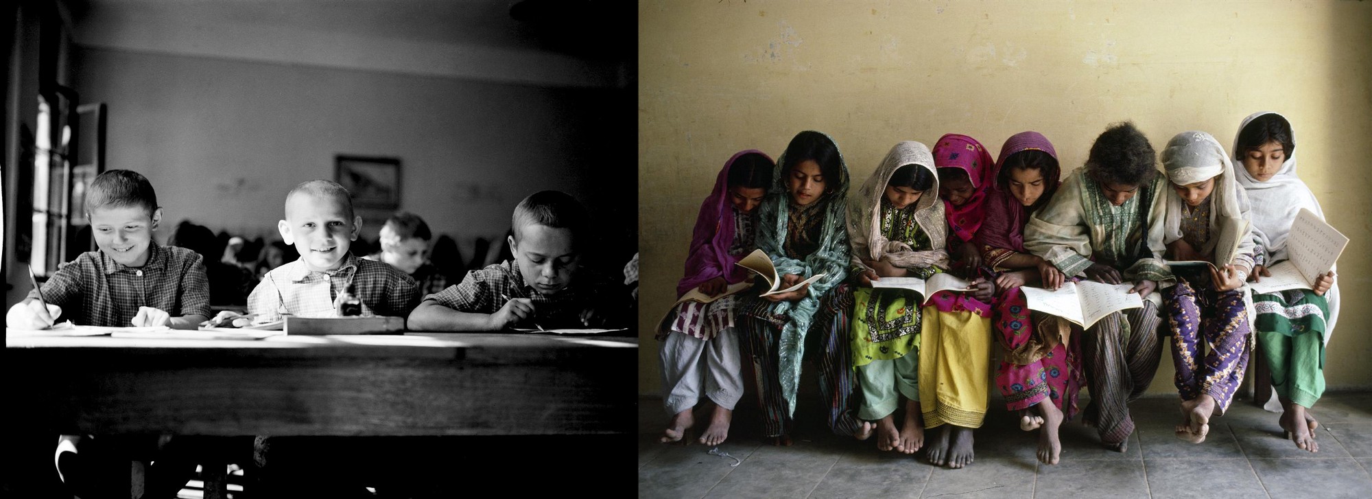 Kinder beim fleißigen Lernen in Kroatien und Pakistan © UNICEF/Unknown, UNICEF/Isaac 70 Jahre UNICEF: Kinder in Kroatien und Pakistan in der Schule