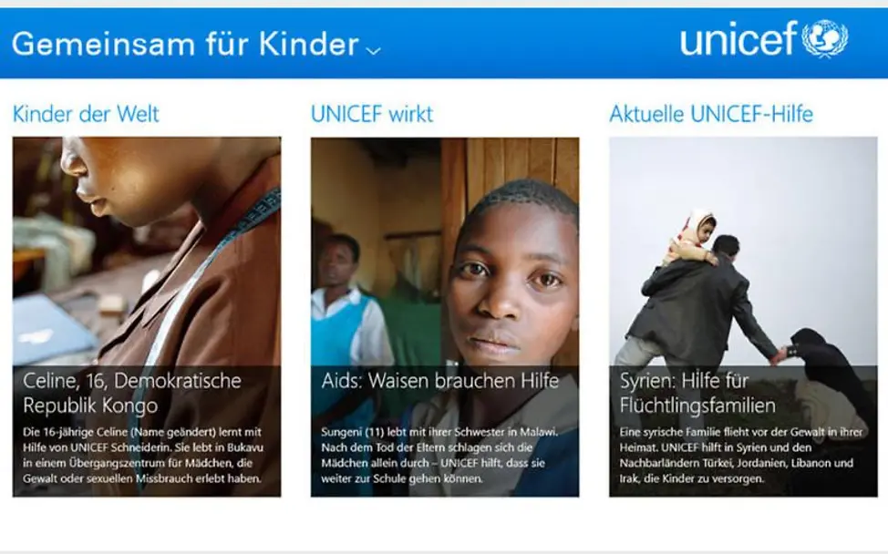 UNICEF-Windows8-App. Screenshot der App. UNICEF-Windows8-App. Screenshot der App.