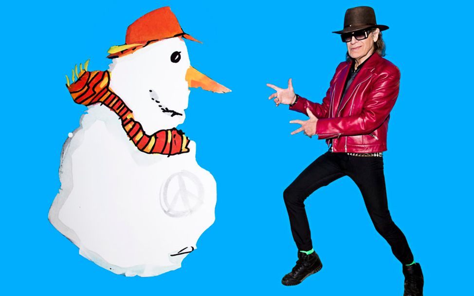 Udo Lindenberg Grußkarte: Der Rocker mit seinem eigens entworfenen Schneemann.