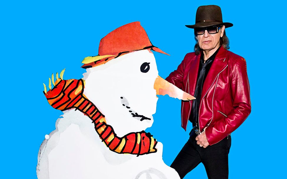 Udo Lindenberg Grußkarte: Der Rocker und der Schneemann posieren. 