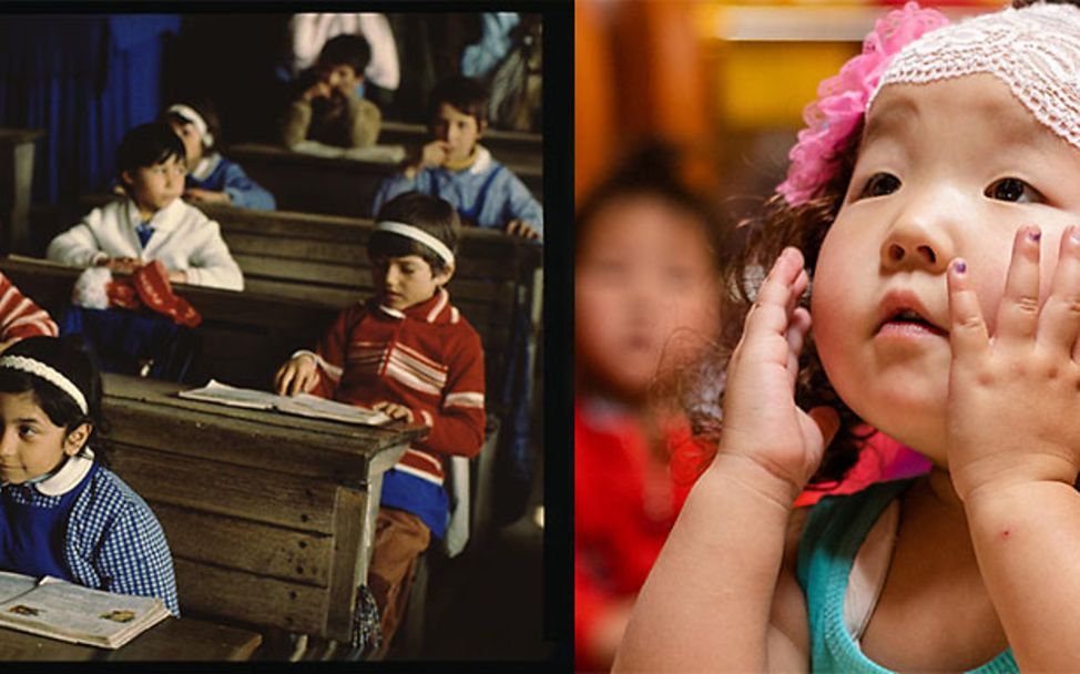 Collage: links: Schüler sitzen an ihren Schulbänken, rechts: Ein kleines Mädchen im Kindergarten.