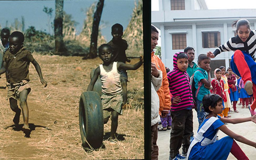 Collage: links: Kinder spielen mit Autoreifen, rechts: Spielende Kinder während ihrer Mittagspause.