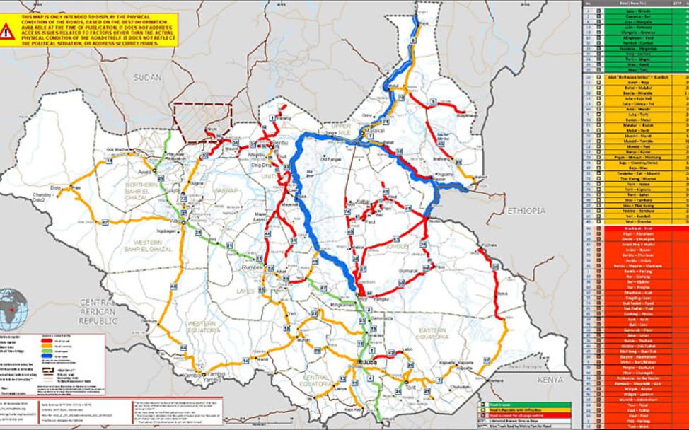 Südsudan: Eine Karte zeigt die passierbaren Straßen