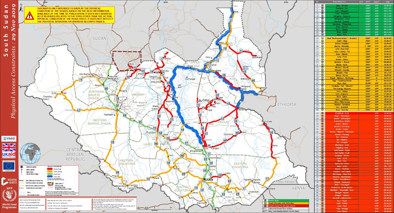 Eine Karte zeigt die passierbaren Straßen im Südsudan | © World Food Programme Südsudan: Eine Karte zeigt die passierbaren Straßen