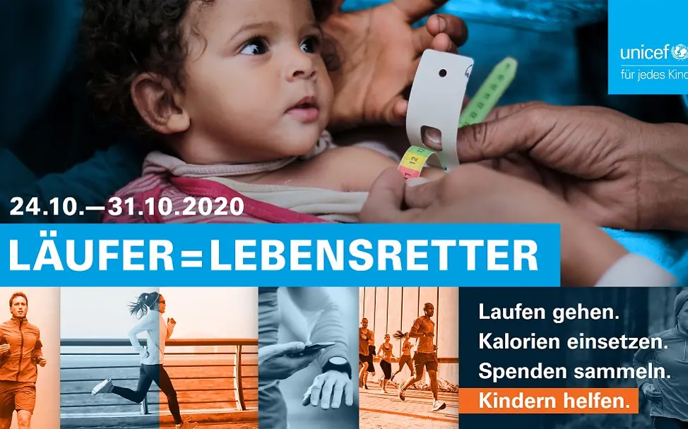 UNICEF-Laufaktion im Oktober | © UNICEF UNICEF-Laufaktion im Oktober: Kind, dessen Armumfang gemessen wird und Läufer; Text zur Aktion