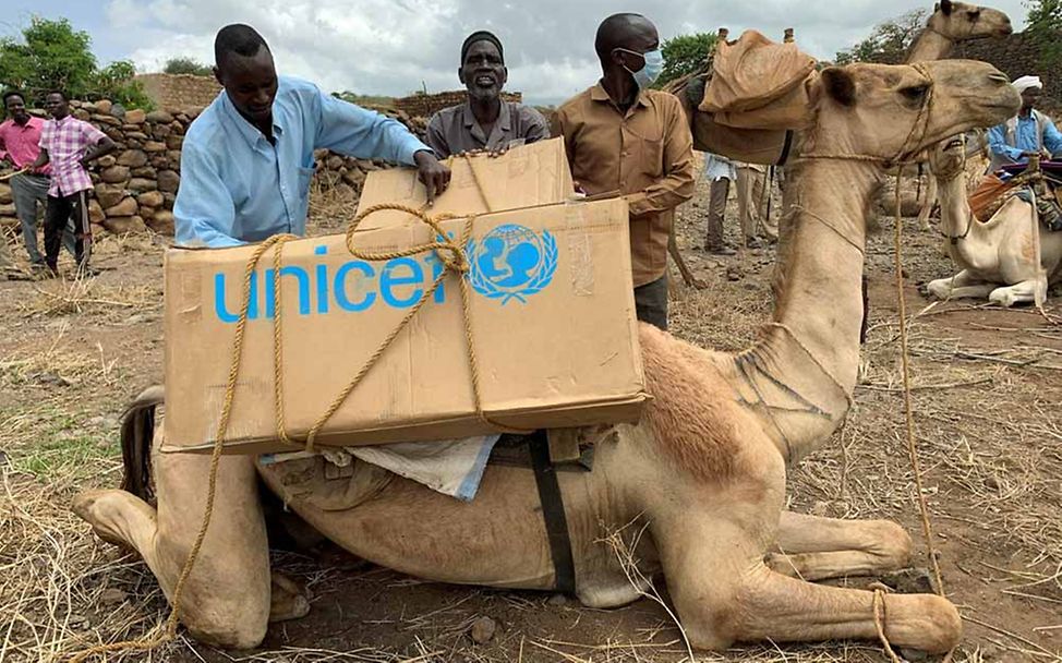 Drei Männer stehen in einem Bergdorf hinter einem Kamel, das mit UNICEF-Paketen beladen ist.