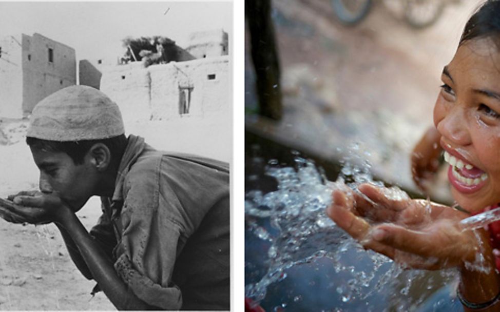 75 Jahre UNICEF: Zwei Jungen trinken Wasser aus einem Wasserhahn und ein Mädchen hält ihre Hände lachend unter Wasser