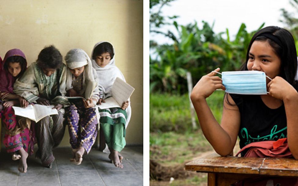 75 Jahre UNICEF: Mädchen sitzen nebeneinander und lesen in Büchern und Schülerin zieht sich eine Schutzmaske an.