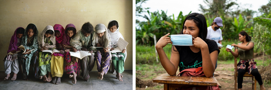 75 Jahre UNICEF: Mädchen sitzen nebeneinander und lesen in Büchern und Schülerin zieht sich eine Schutzmaske an.