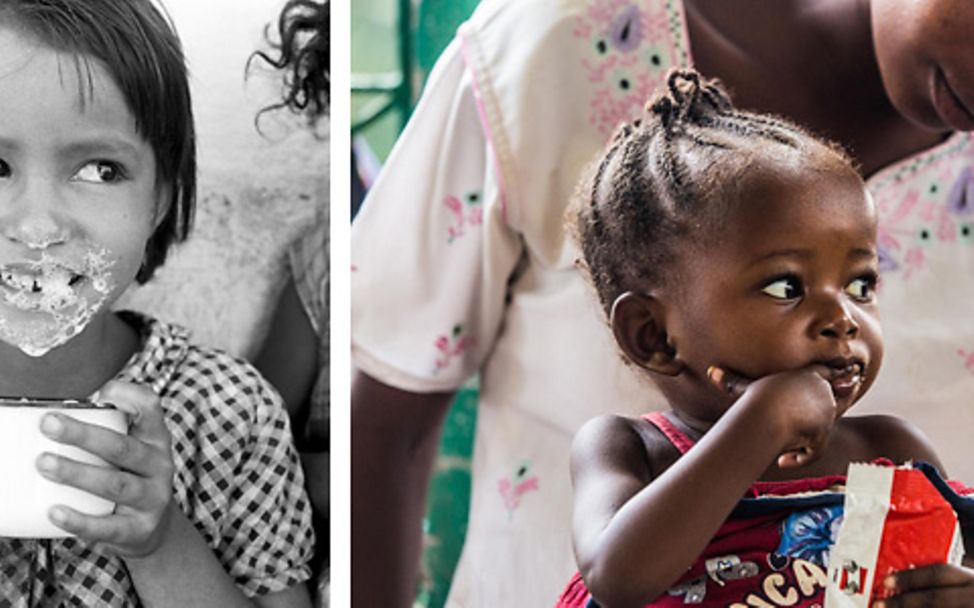 75 Jahre UNICEF: Mädchen trinkt aus einer Tasse Milch und Mädchen lutscht Erdnusspaste von ihrem Finger.