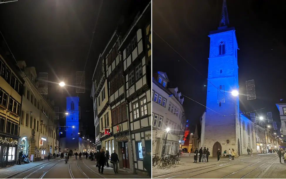 Die blau erleuchtete Allerheiligenkirche in Erfurt Die blau erleuchtete Allerheiligenkirche in Erfurt