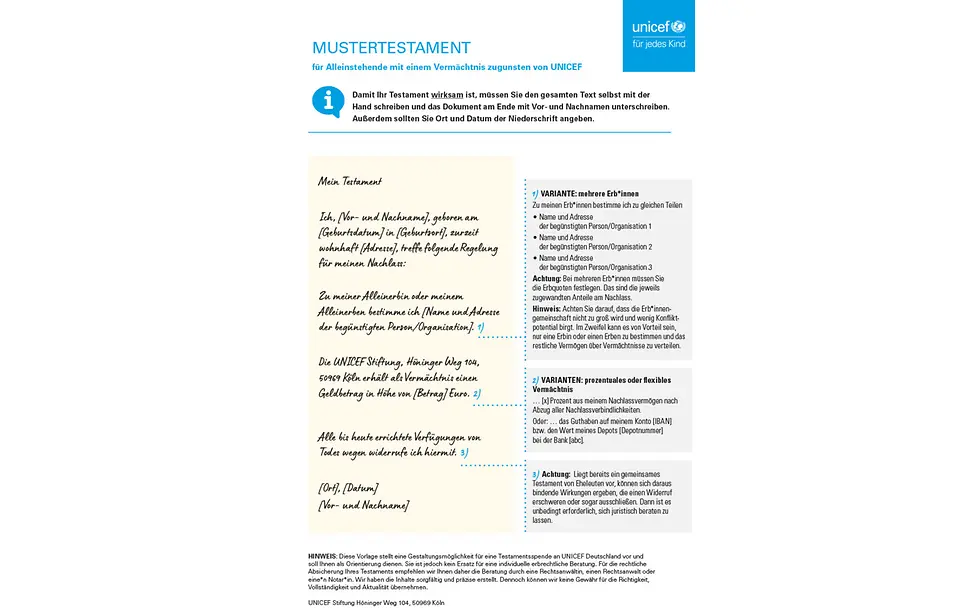 Mustertestament: Alleinstehend Vermächtnis für UNICEF | © UNICEF Mustertestament: Alleinstehend Vermächtnis für UNICEF