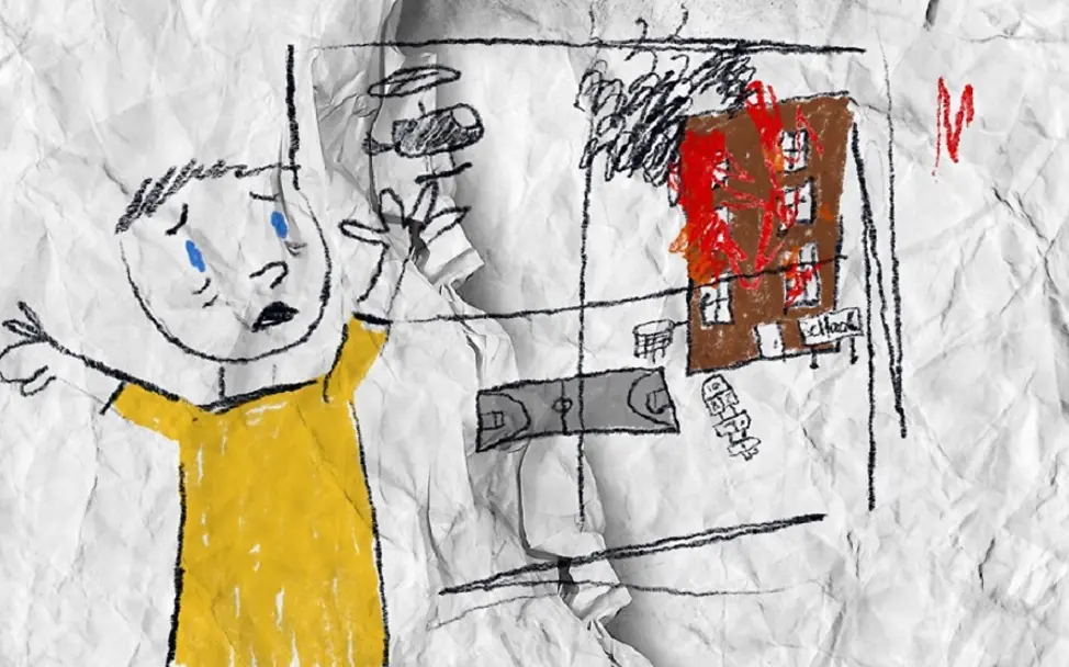 Kinder leiden unter Stress und Angst | © UNICEF/UN0687107/ Ukraine: Zeichnung eines Kindes von Erlebnissen im Krieg.
