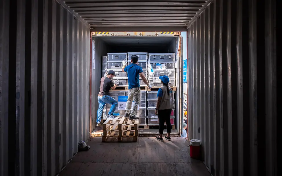 Hilfsgüter: Logistikmitarbeiter*innen laden in Da Nang, in Vietnam, UNICEF-Nothilfe-Kits in einen Lastwagen.