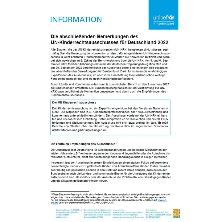 Die abschließenden Bemerkungen des UN-Kinderrechtsausschusses für Deutschland 2022. | © UNICEF Vorschau zum Dokument