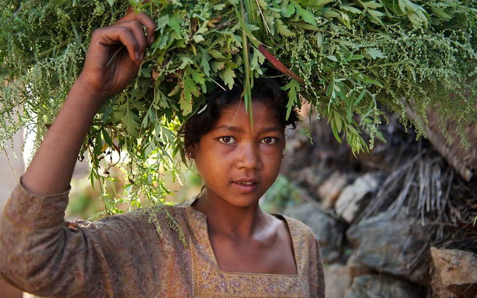 Ein Mädchen trägt Tierfutter nach Hause | © UNICEF/NYHQ2012-1985/Noorani