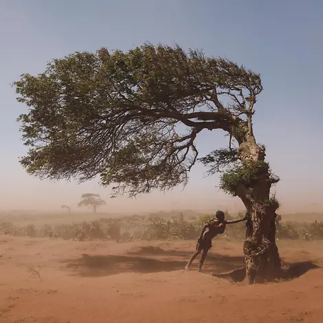 Eine Junge sucht Sturmschutz hinter einem Baum. Klimawandel in Madagaskar