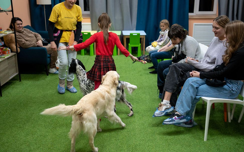 Kinder spielen mit Hunden in einem Kinderschutzzentrum in Charkiw.