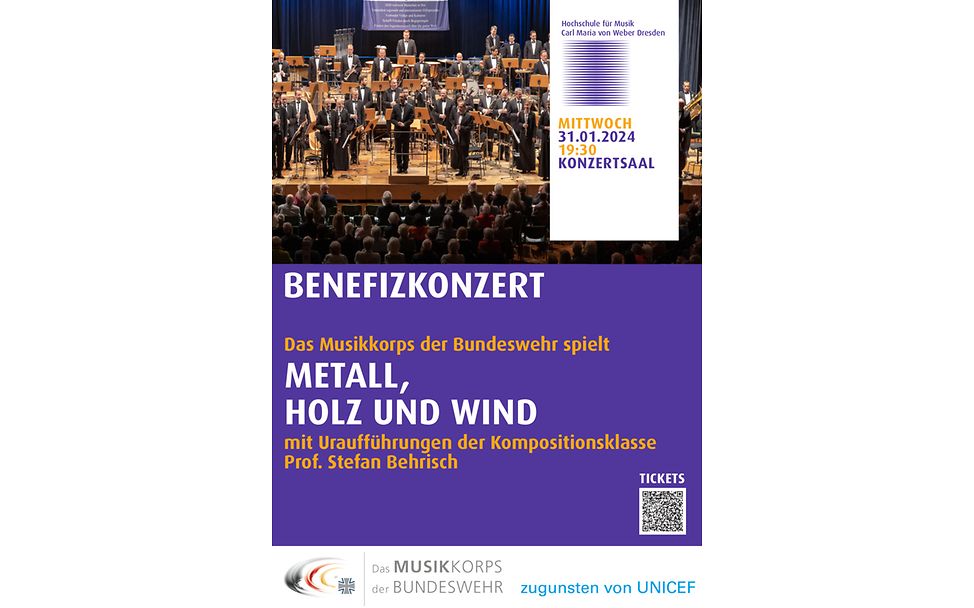 Benefizkonzert zugunsten UNICEF: Metall, Holz und Wind - Musikkorps der Bundeswehr in Dresden -  Mi, 31. Januar 2024, 19:30 Uhr