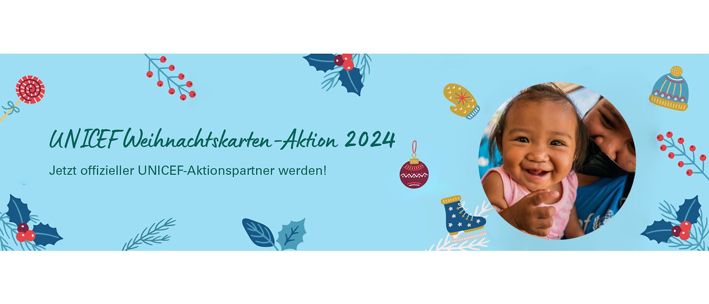 Titelbild UNICEF Weihnachtskarten-Aktion 2024 mit Kindergesicht und Weihnachtselementen