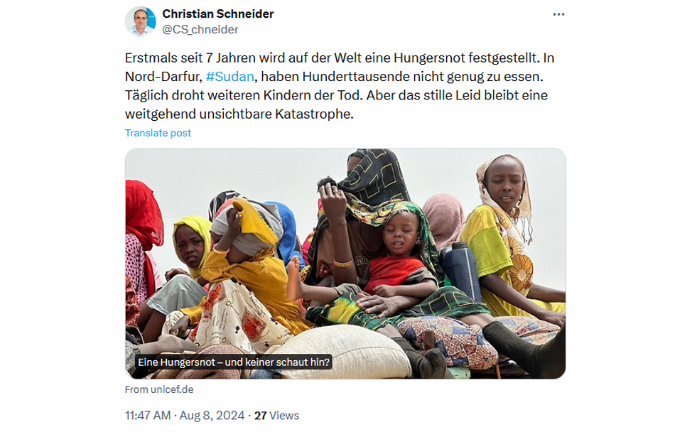 Tweet von UNICEF-Geschäftsführer Christian Schneider