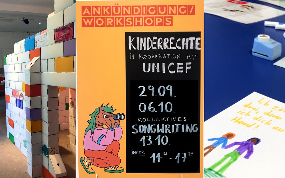 Impressionen vom Kinderrechte-Workshop der Kinderbiennale: Eingang zum "Pferdiversium", Ankündigungstafel, Aktionstisch