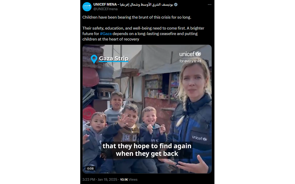 Tweet UNICEF Gaza Waffenruhe - UNICEF-Sprecherin Rosalia Bollen mit Kindern im Hintergrund berichtet über deren Situation