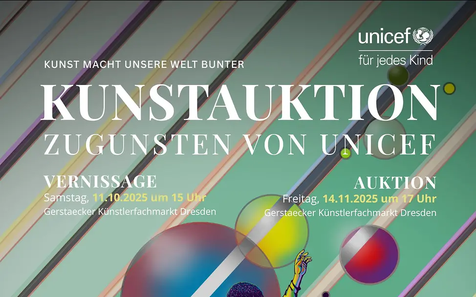 Werbeposter zur Kunstaktion mit einem Künstlerbild: Ein Junge steht auf einem Bein vor bunten Blasen und Streifen