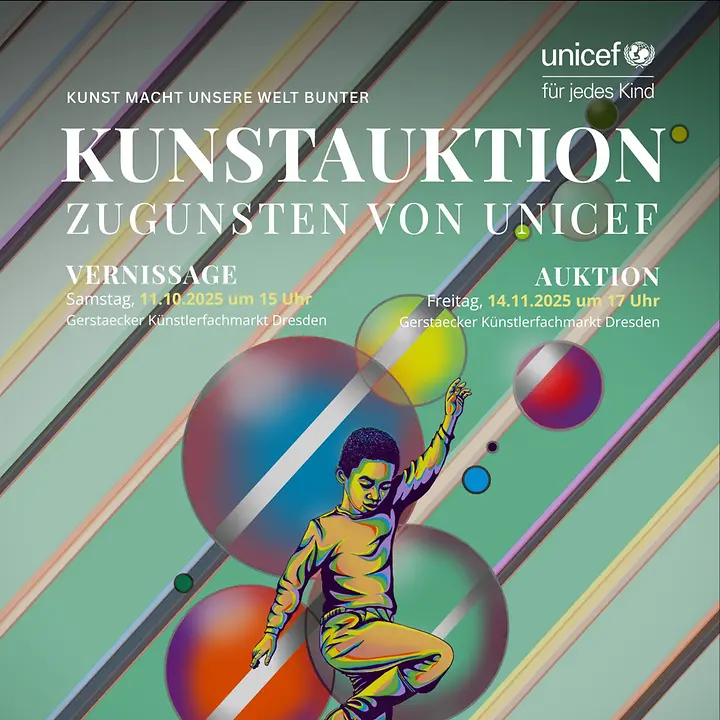 Kunstauktion zugunsten von UNICEF Werbeposter zur Kunstaktion mit einem Künstlerbild: Ein Junge steht auf einem Bein vor bunten Blasen und Streifen