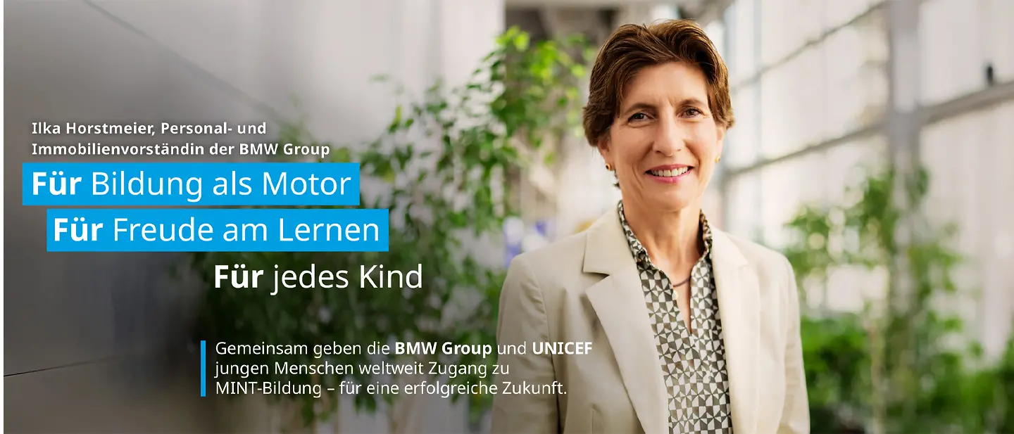 Ilka Horstmeier, Mitglied des Vorstands der BMW | © BMW Bild von Ilka Horstmeier mit Aufschrift: Für Bildung als Motor. Für Freude am Lernen.