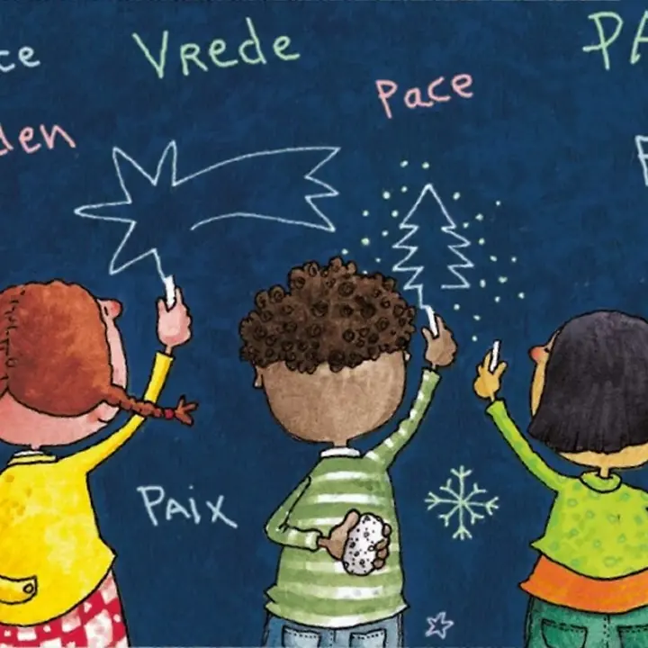 Karte aus dem Weihnachtskarten-Set „UNICEF Kinder im Winter“, Artikelnummer: 50530 | © Luis Filella, UNICEF, mod by UNICEF Göttingen Karte aus dem Weihnachtskarten-Set „UNICEF Kinder im Winter“, Artikelnummer: 50530