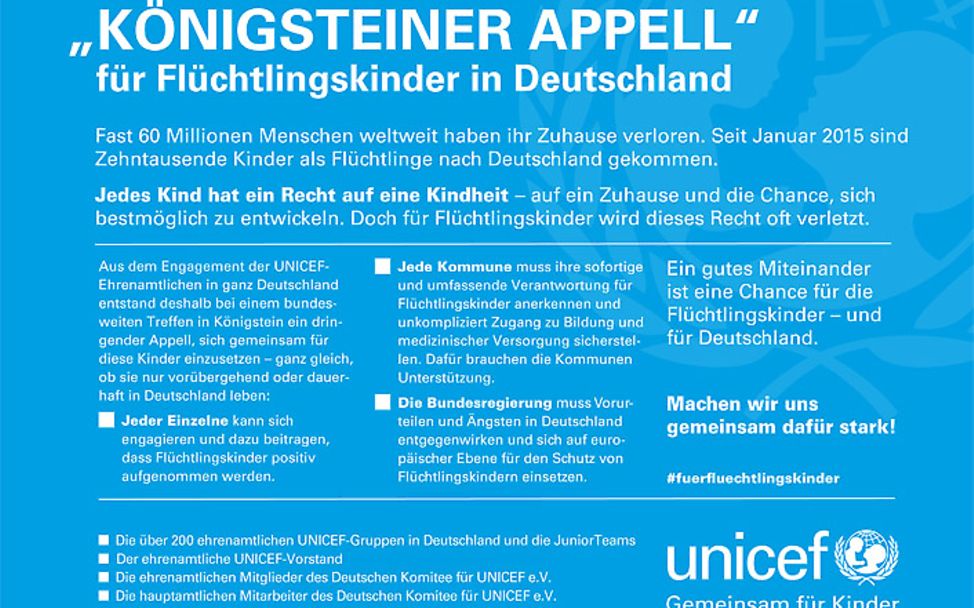 UNICEF: Königssteiner Appell für Flüchtlingskinder